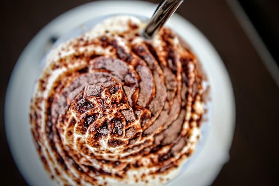 shallow focus photography of coffee, untitled, cream, spoon, cocoa HD wallpaper