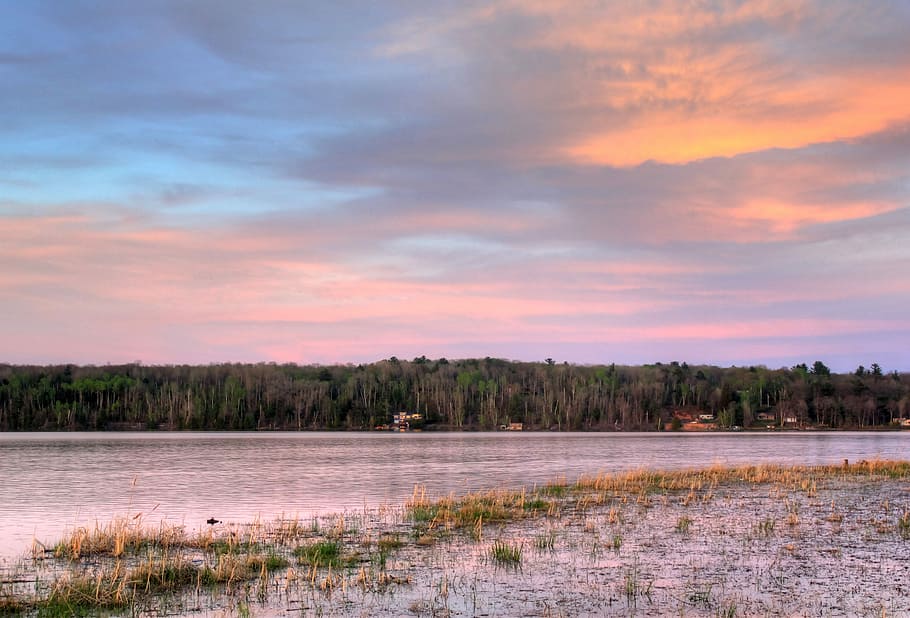 Red Dusk Over the River in the Upper Peninsula, Michigan, clouds HD wallpaper