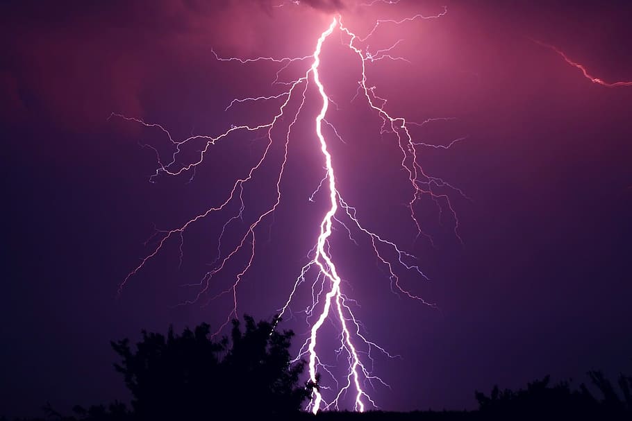thunder photo, thunderstorm, violet, purple, weather, flash, lightning, HD wallpaper