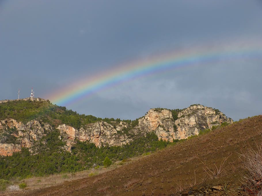 rainbow, vineyard, landscape, priorat, mountain, beauty in nature HD wallpaper