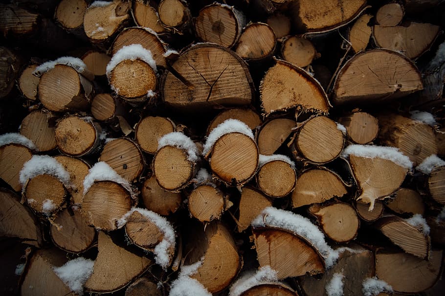 brown firewood stack, brown firewood covered by snows, texture HD wallpaper