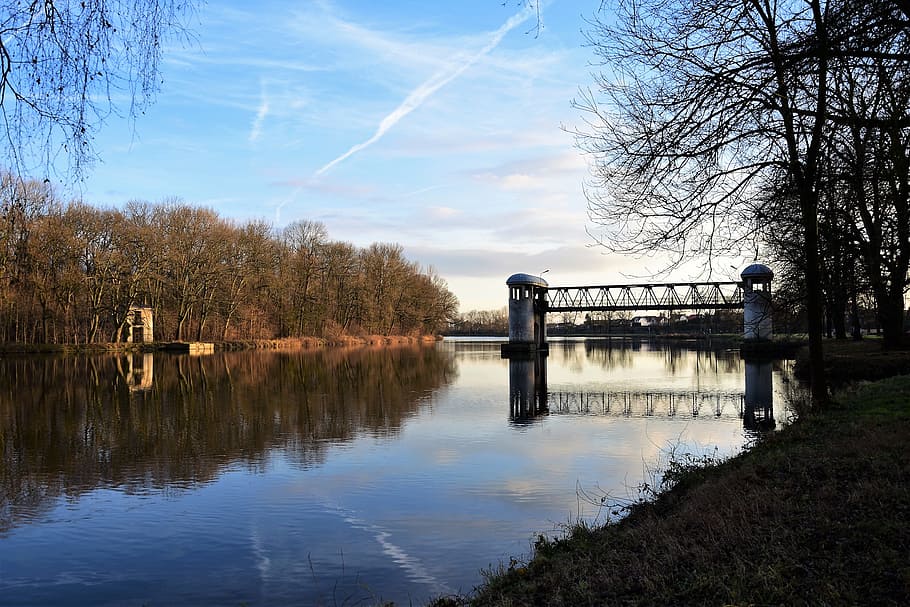 river, elbe, lock, dilapidated pillars, river basin, tree, water HD wallpaper