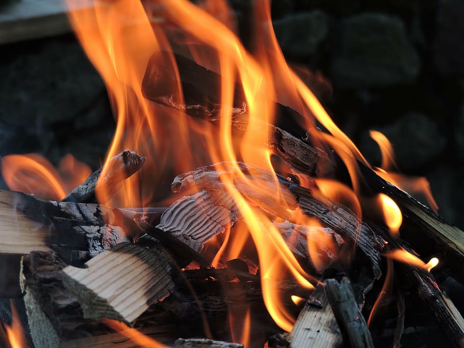wood burning near concrete wall, fire, barbecue, flame, grill HD wallpaper
