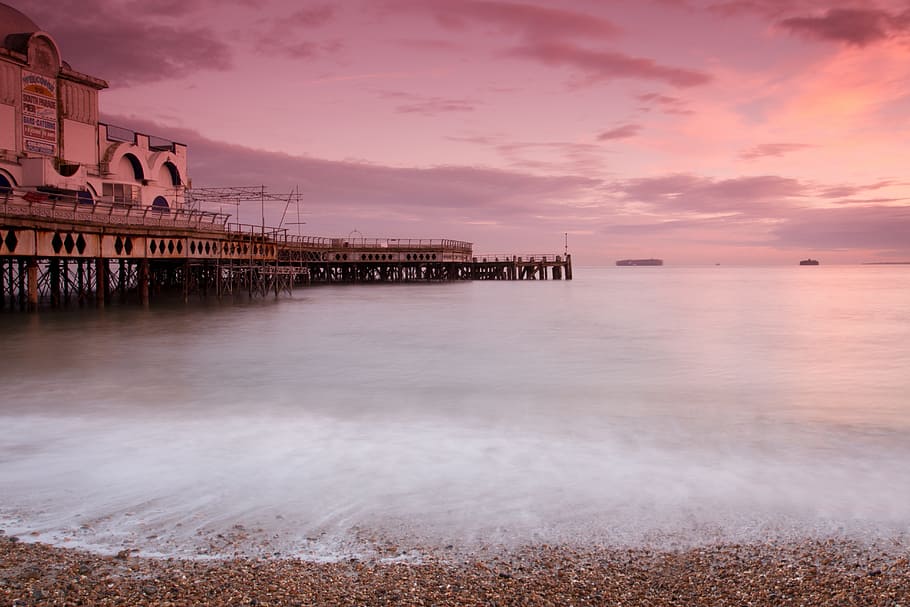 body of water beside pier, sunset, beautiful, sky, landscape HD wallpaper