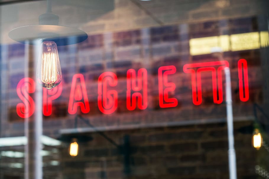 spahhetti signage, Spaghetti neon light signage turned on, reflection HD wallpaper