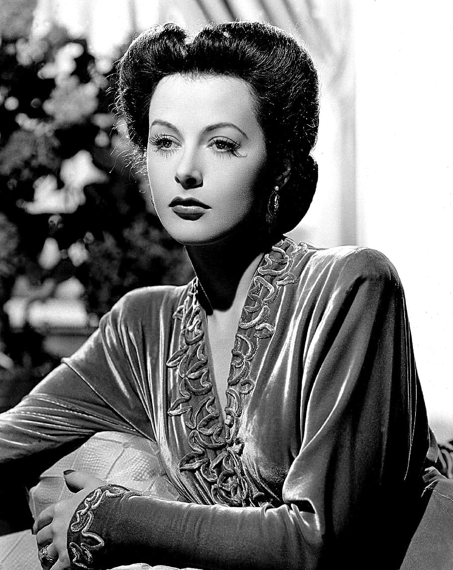 grayscale photo of woman looking at camera, hedy lamarr, actress