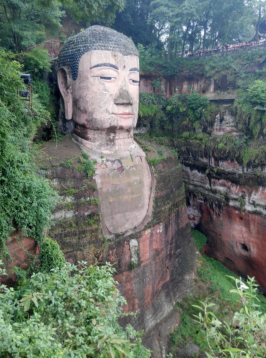 big buddha, leshan battle road, religion, plant, architecture, HD wallpaper