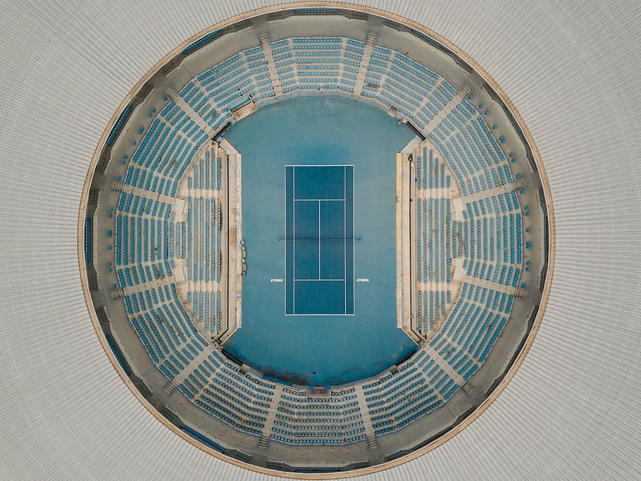 aerial photography of white and blue athletic stadium, bird's-eye view photography of tennis stadium