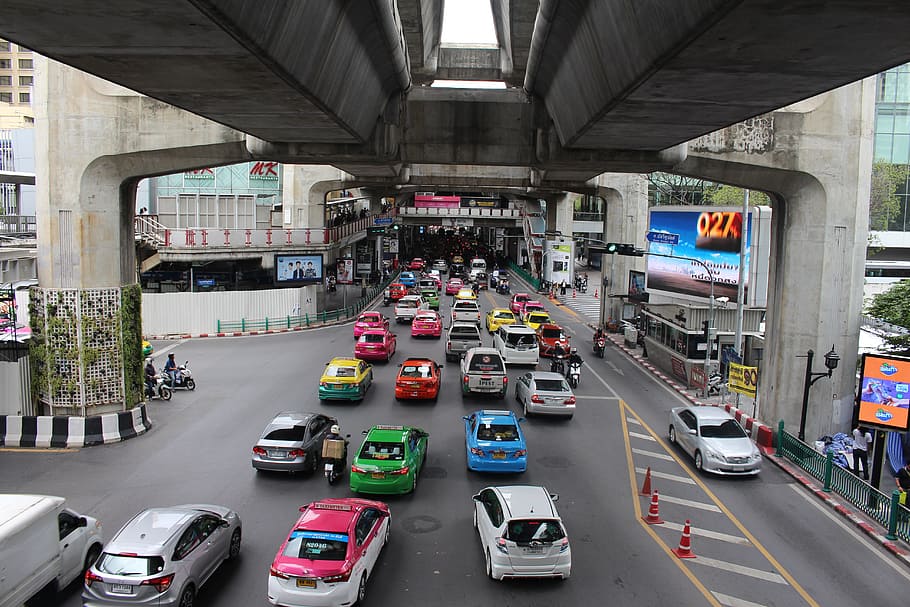 cars on road, bangkok, thailand, jam, traffic, asia, travel, architecture, HD wallpaper