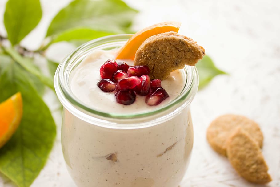 clear glass jar on white surface, breakfast, orange, pomegranate HD wallpaper