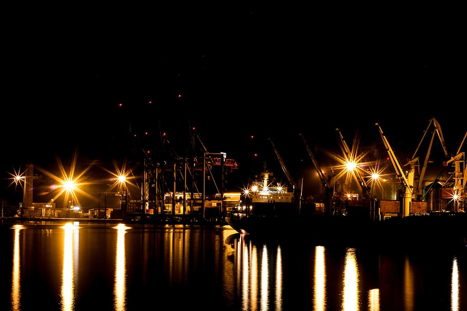 harbor, light, night, exposure, come, ship, illuminated, water HD wallpaper