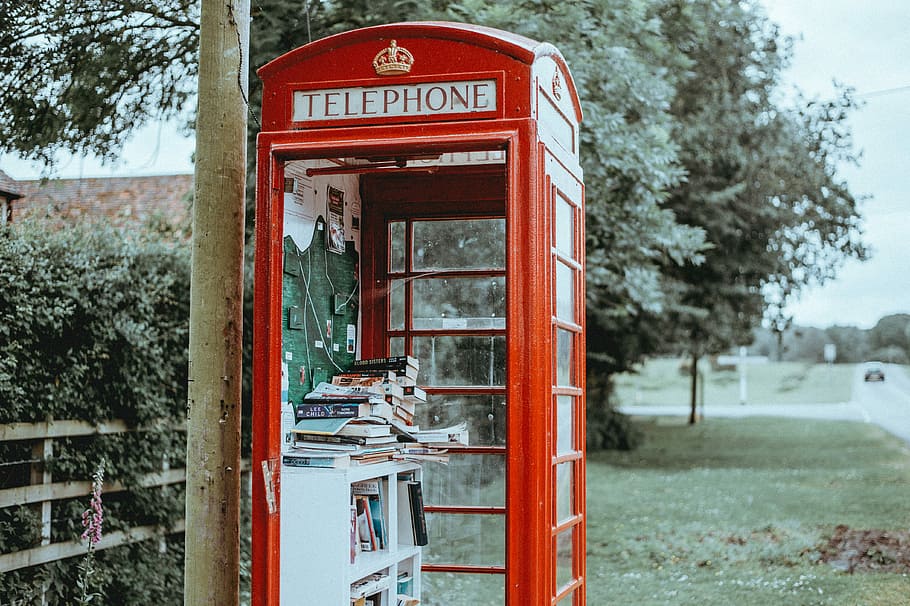Phone Box Library, red telephone booth beside post, telephone box