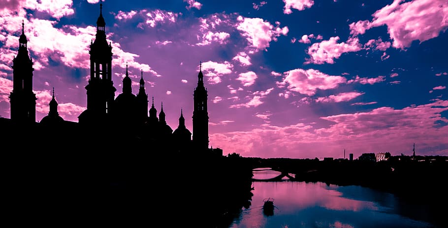 silhouette of castle during golden hour, saragossa, backlight HD wallpaper