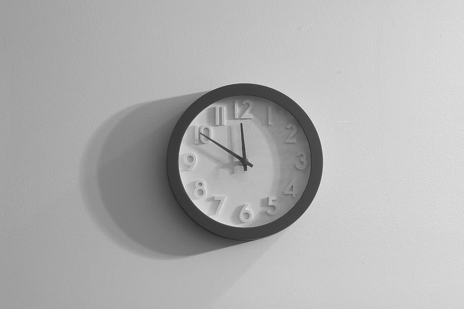 black-and-white, clock, gray, wall, time, wall - building feature HD wallpaper