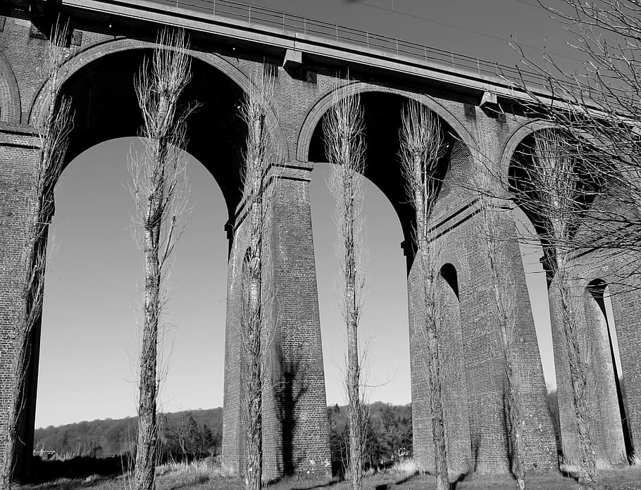 viaduct, black, bridge, railway, white, robust, geometric, urban HD wallpaper