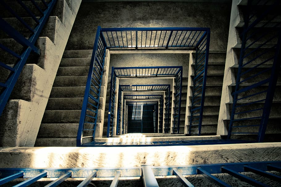 stairs, architecture, tower, railing, blue, grey, trist, staircase HD wallpaper