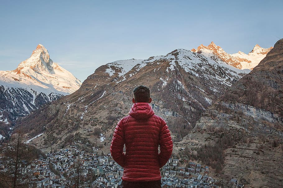 man standing in front of mountain, highland, cloud, blue, sky HD wallpaper