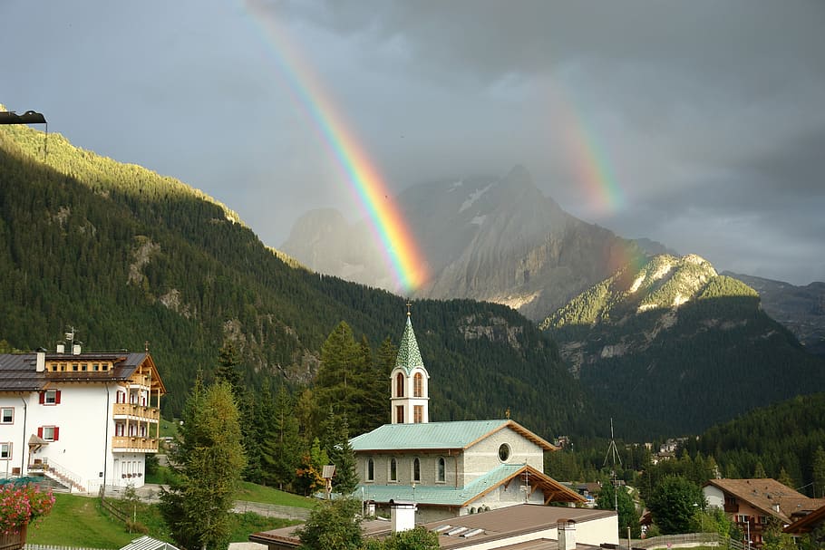 Rainbow, Church, Mountain, built structure, double rainbow HD wallpaper