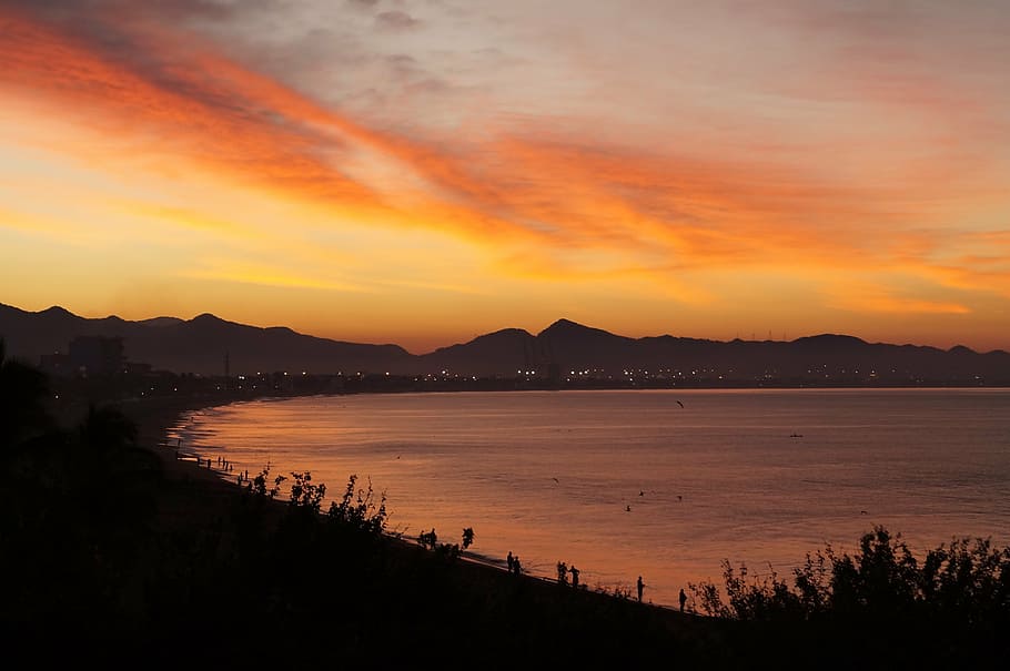 dawn, manzanillo, beach, sky, sunset, water, mountain, scenics - nature HD wallpaper