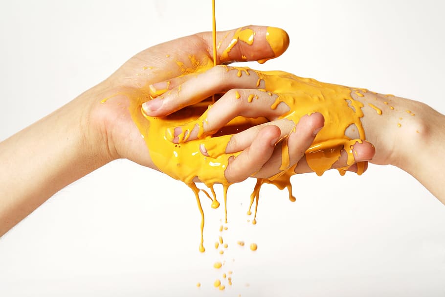 two person hands soaked in yellow liquid, color, paint, art HD wallpaper