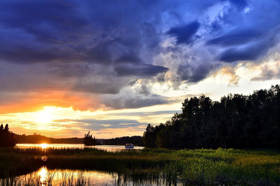 sunset, landscape, twilight, nature, lake, colors, clouds, trees HD wallpaper