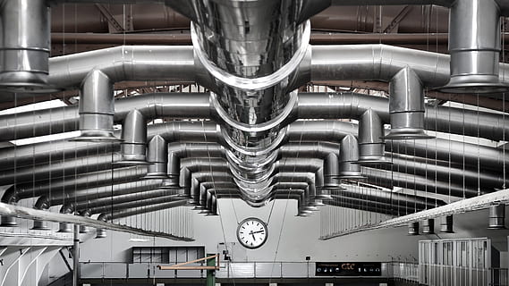 photography of silver tubes, industry, hall, ventilation, butter factory HD wallpaper
