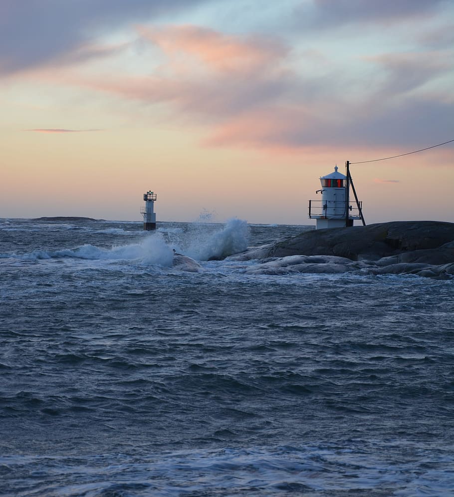 sea, lighthouse, storm, waves, water, cloud, himmel, winter HD wallpaper