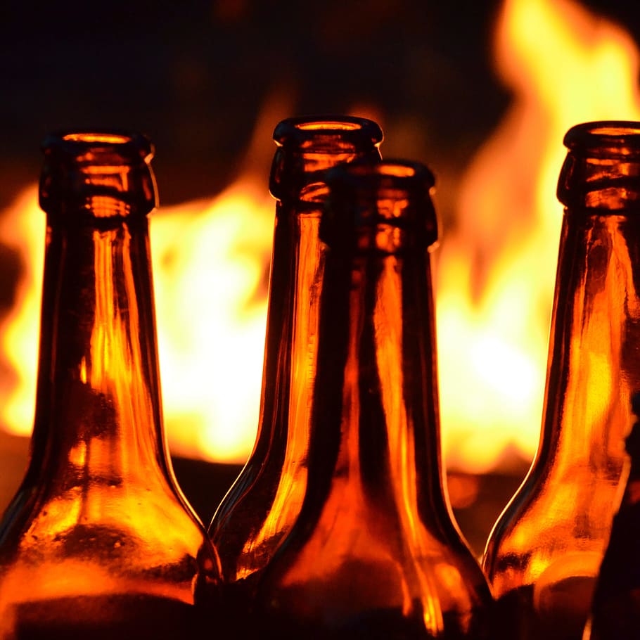 bottles, fire, cozy, glass, norrbotten, sweden, grilling, norrland HD wallpaper