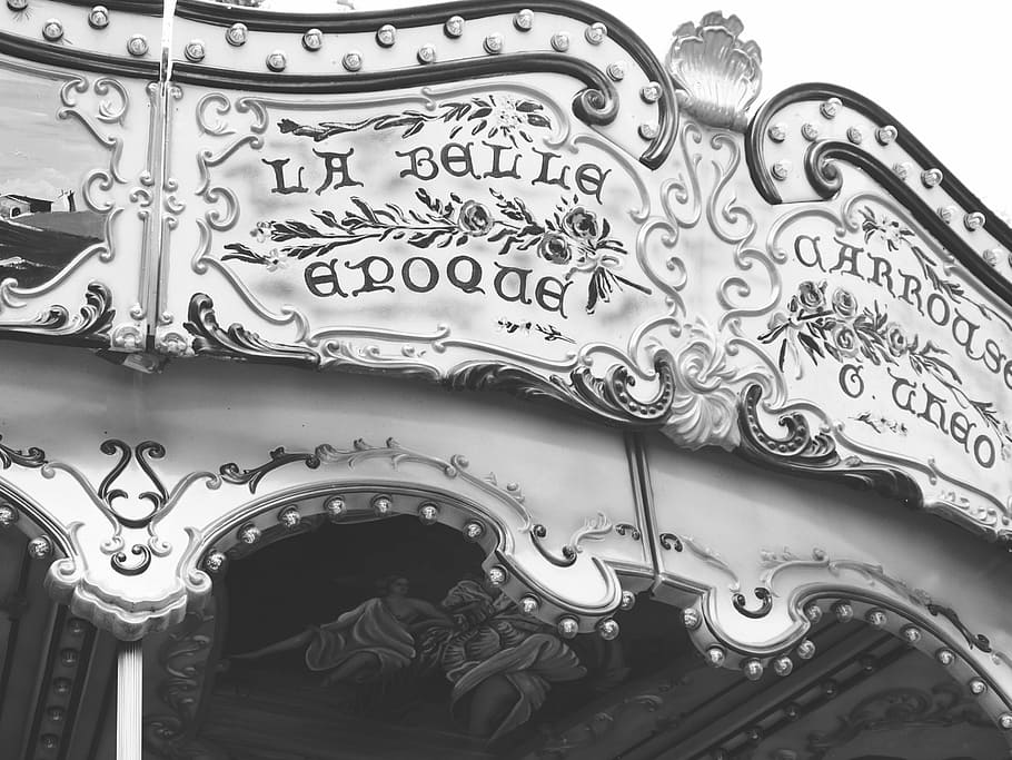 grayscale photography of a signage, retro, carousel, black and white HD wallpaper