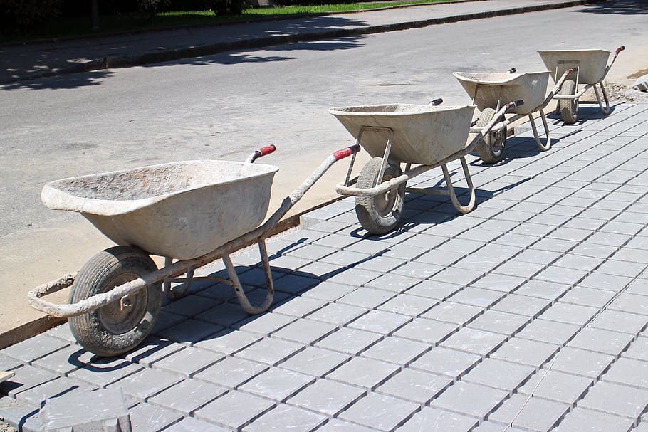 four white wheelbarrows, construction work, transport, means of transport, HD wallpaper