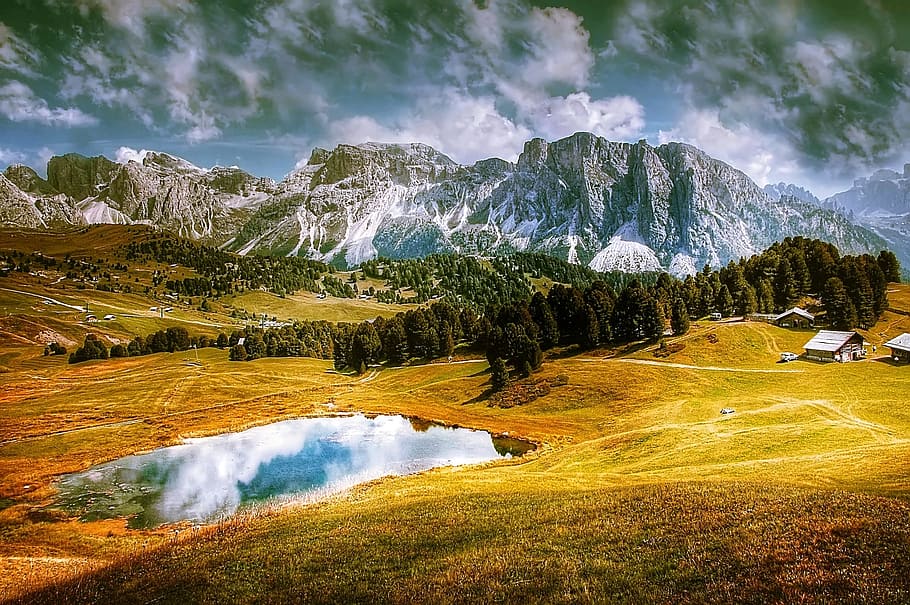 brown and green trees near gray mountain under white and blue sky at daytime, HD wallpaper