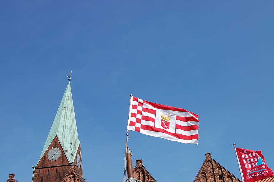 Bremen, Flag, Roland, Landmark, patriotism, low angle view, HD wallpaper