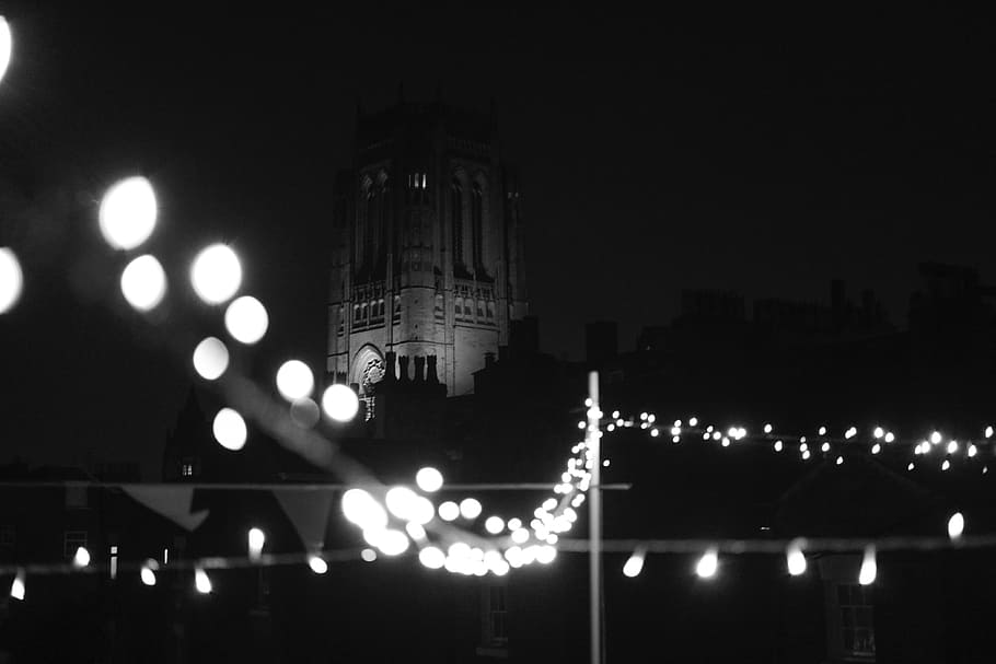 grayscale photography of stringlights and tower, grayscale photography of string lights HD wallpaper