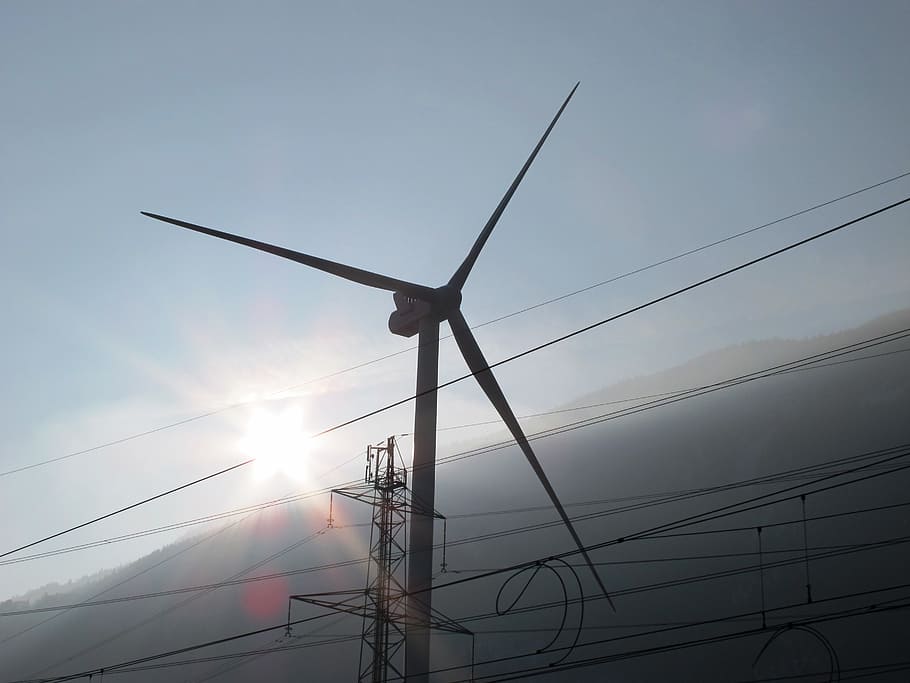 wind turbine near transmission tower, pinwheel, current, energy HD wallpaper