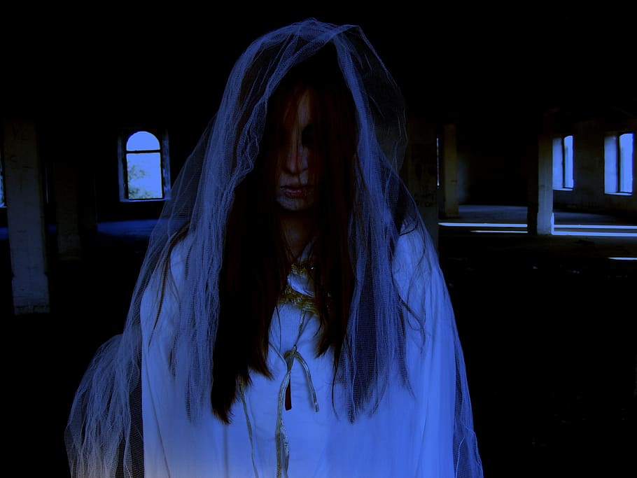 woman wearing white dress and veil, ghost, halloween, horror
