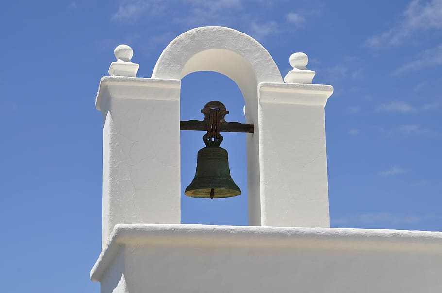 black steel bell on white concrete arc, south, spain, church HD wallpaper