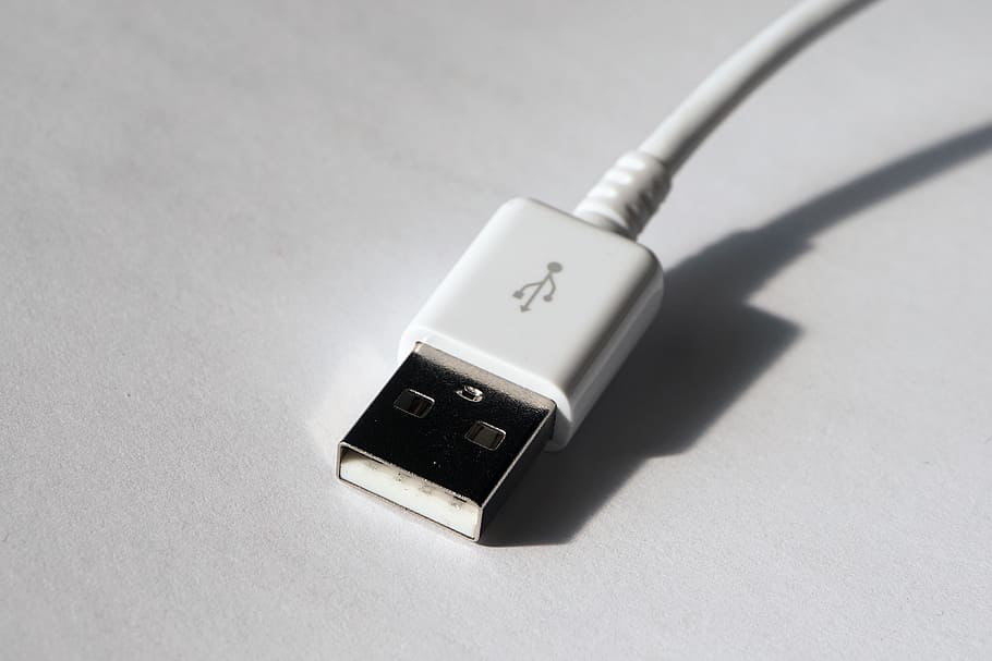 white USB cable, usb port, connection, plug, computer, data processing