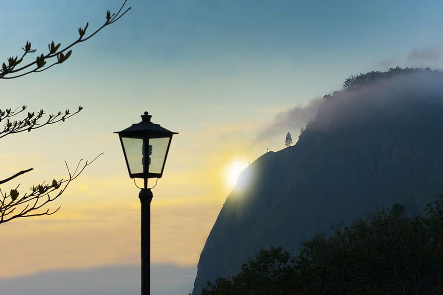 beautiful, clouds, dawn, destination, dusk, evening, fog, lamp post HD wallpaper