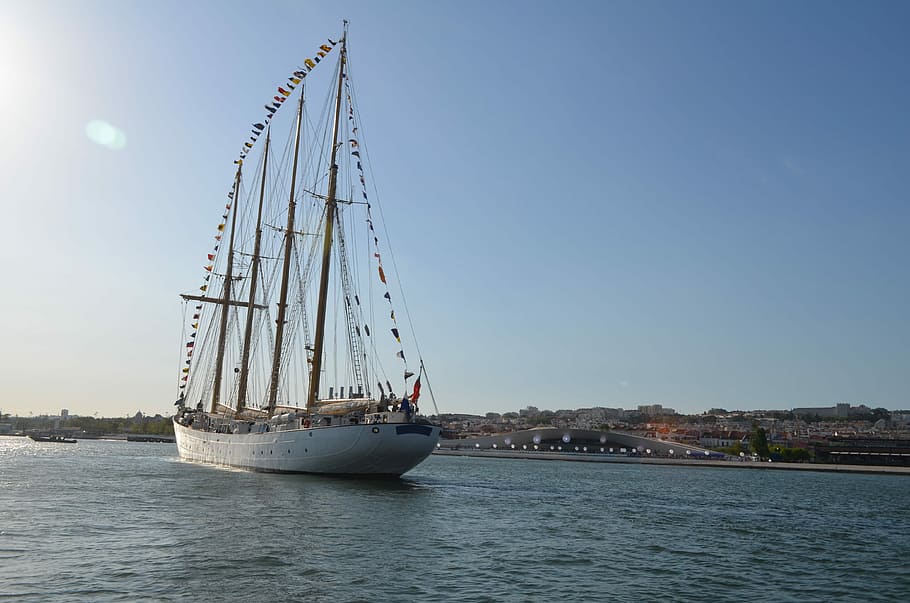 white sailboat on water, sailboats, masts, mar, lisbon, portugal