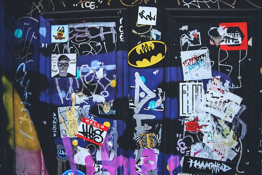 Stickers, flyers and graffiti captured on a wall in East London, HD wallpaper