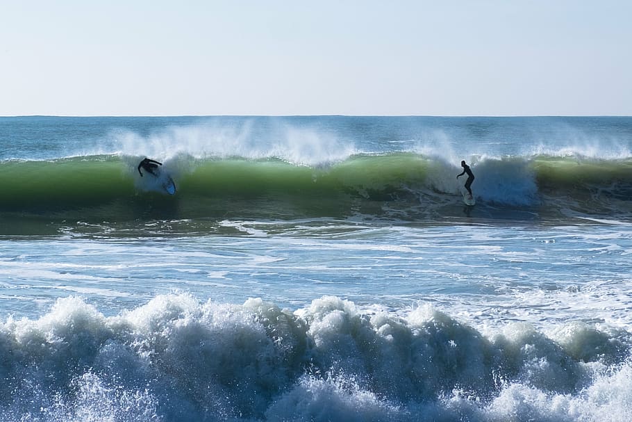 two person surfing on body of water during daytime, sea, ocean HD wallpaper