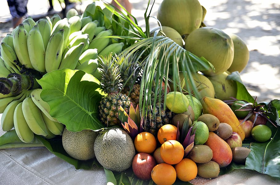 variety of fruits and vegetables, beach, tropical, summer, natural