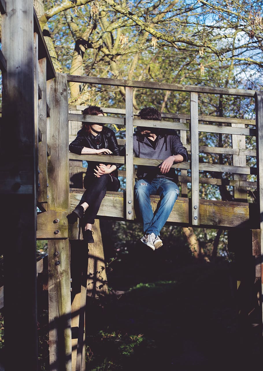 man and woman sitting on brown wooden bridge, bush, green, tree, HD wallpaper