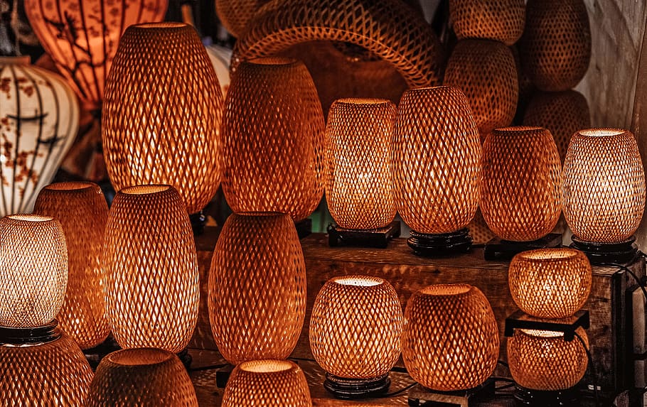 Red Table Lamps, art, basket, color, container, craft, decoration HD wallpaper