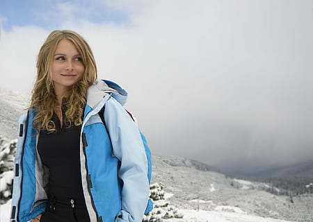 woman wearing blue and white zip-up jacket, winter, trip, mountain HD wallpaper