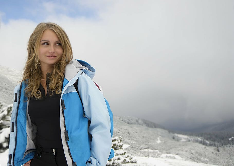 woman wearing blue and white zip-up jacket, winter, trip, mountain HD wallpaper
