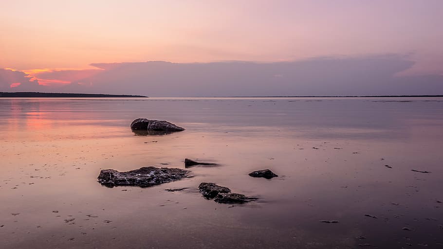 sunset, stones, clouds, river, silence, water, sea, sky, scenics - nature HD wallpaper