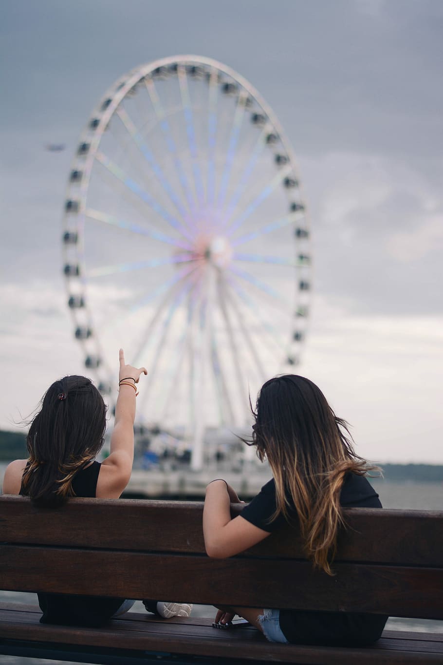 HD wallpaper: two women sitting on bench pointing white and blue Ferris wheel, two women in black top sitting on wooden bench fronting ferris wheel - Wallpaper Flare