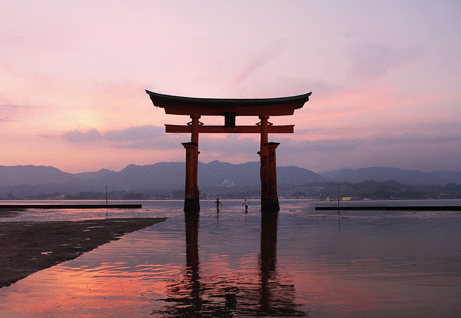 torri gate near body of water, sea, ocean, waves, nature, mountain HD wallpaper