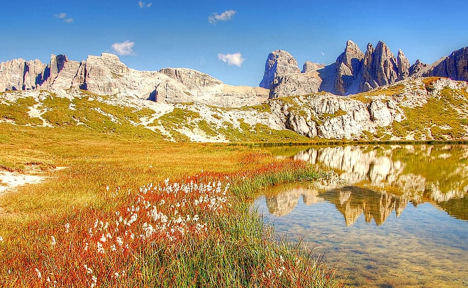 landscape photo of body of water, dolomites, mountains, italy, HD wallpaper